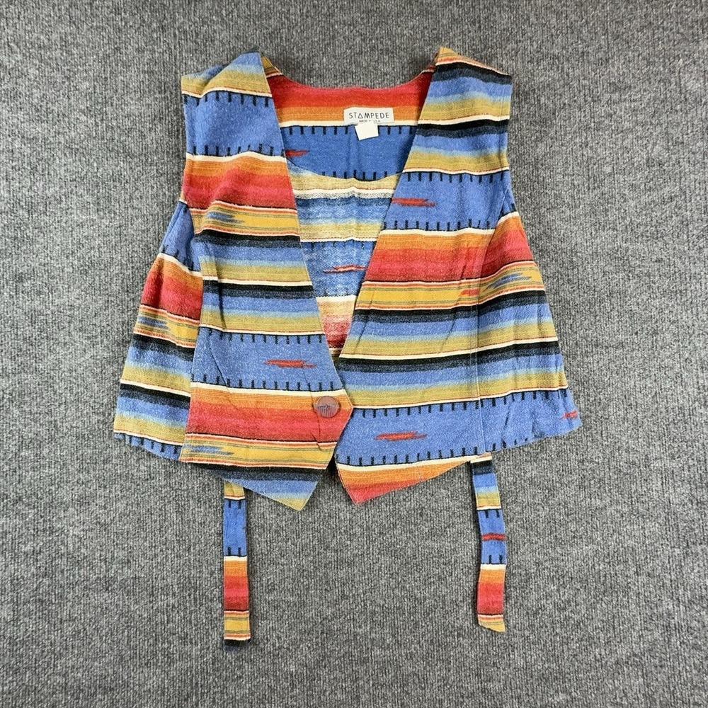 VTG Stampede Vest Womens 1X Multicolor Southwestern Stripe Button Belted Western